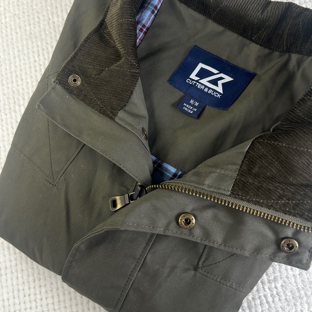 Cutter & Buck Mens Olive Green Field Jacket‎ Plaid Lined Corduroy Trim Medium